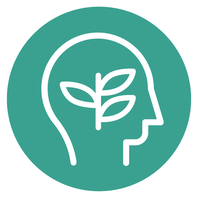 A green circle with a white outline of a head with a plant inside
